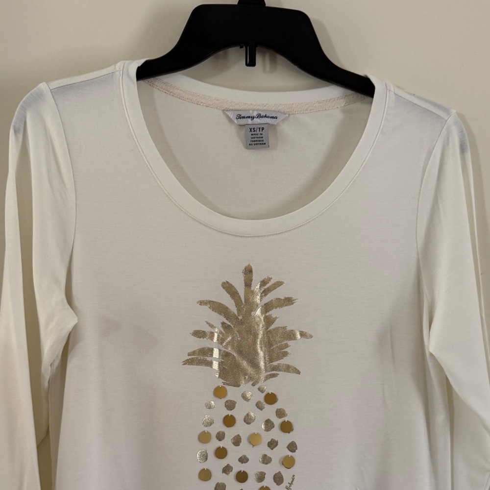 Tommy Bahama White Long Sleeve Tee with Gold Pineapple sequin Graphic design - Picture 4 of 13